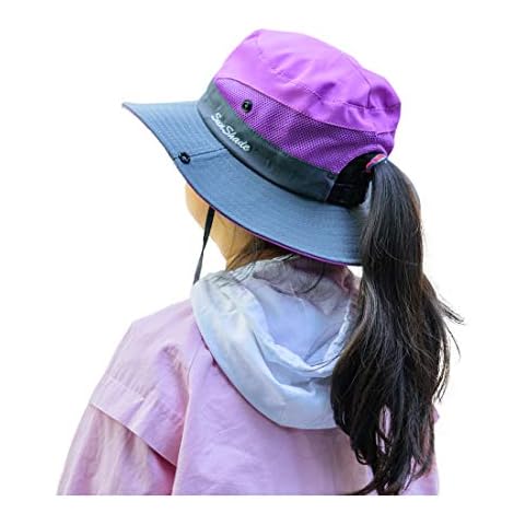 WomeWell Adjustable Foldable Ponytail Sun Hat Wide Brim Beach Bucket Cap for Girls Kids Purple One Size Cover