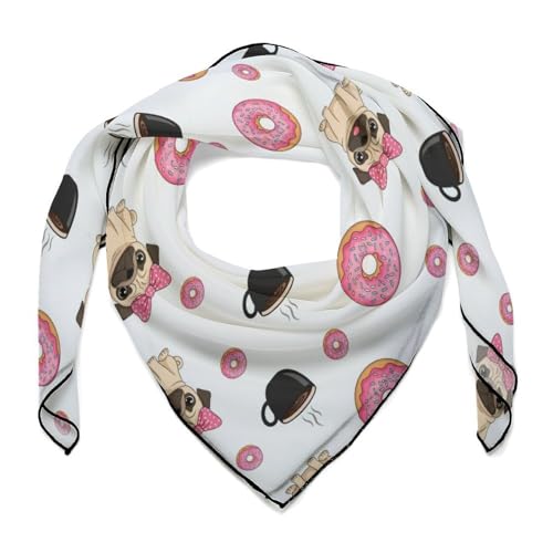 LITPUZC Womens Funny Dogs Pug Puppies Pattern Donut Coffee Satin Hair Scarves Fashion Satin Neck Scarf 27 Inch, Silk Like Hair Wrapping Headscarf Bandanas