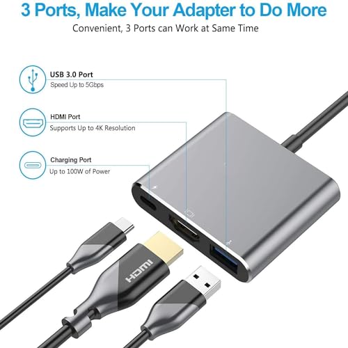 Image of USB HUB Type C to HDMI Hub 3 in 1 Adapter in Metal, Multi Port 4K HDMI, PD Charging Type C Port for MacBook, Chromebook, DELL,HP & Other Type C Phones & Devices (USB C to 3 in 1 HDMI HUB)