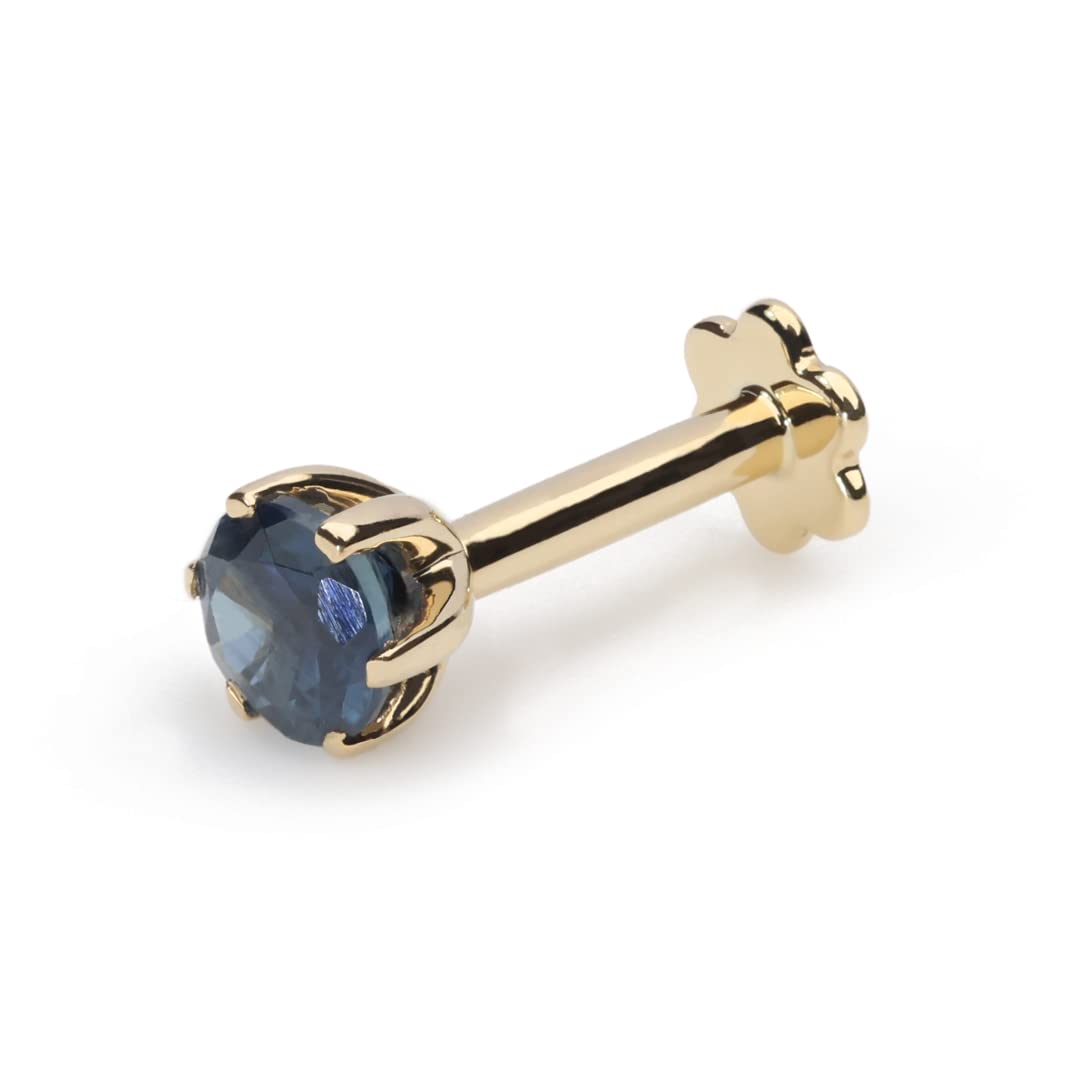 14k Yellow Gold 3.50 mm Real Blue Sapphire Solitaire Nose Lip Labret Monroe Ring 16 Gauge Screw Post