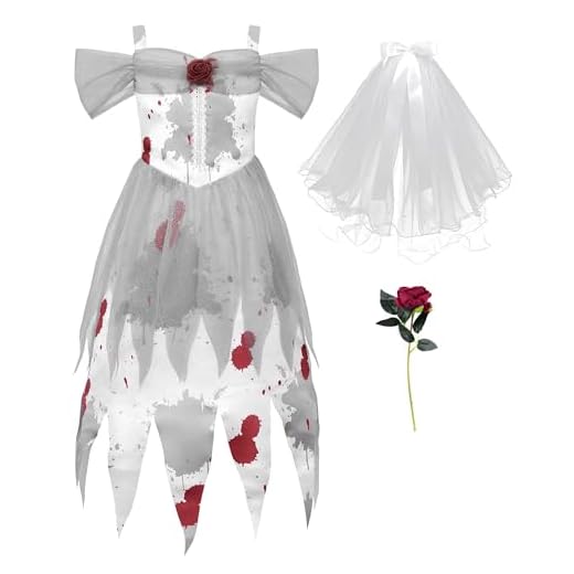 ReliBeauty Disfraz Novia Cadaver Niña 3 a 12 años con Velo y Rosas Halloween Novia de chucky, Negro y Blanco,100