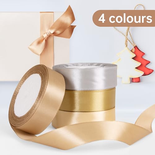 Fyshird Gold Satin Ribbon for Gift Wrapping 25mm x 22m Thick Ribbon Gold Christmas Ribbon Fabric Polyester Silver Ribbons for Crafting DIY Wedding Party Decorations Christmas Door Cake - Image 4