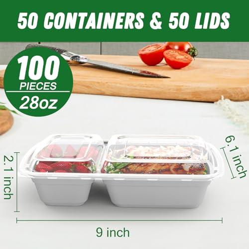50 Pack (100-Piece) 28 oz Meal Prep Containers Reusable with Lids 2-Compartment, Sturdy Leakproof Food Safe, Microwave Freezer Dishwasher Safe, To Go Take Out Plastic Food Storage - Image 3
