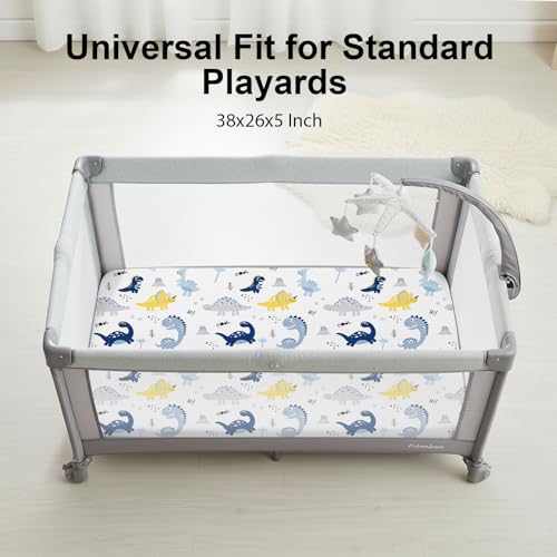 Image of Plushii Mini Crib Sheets 4 Pack, 38 inchx 26 inch Extra Soft Microfiber Pack and Play Fitted Sheet for Mini Crib & Pack and Play Mattress, Playpen Sheet Fitted for Baby Boys,Dinosaur