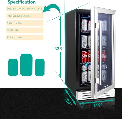 Image of 15 Inch Beverage Cooler and Kalamera Refrigerator Under Counter Built-in or Freestanding - 96 Cans Capacity Mini Fridge- for Soda, Water, Beer or Wine - For Kitchen or Bar with Blue Interior Light