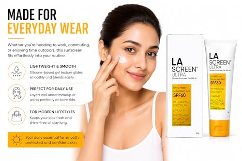 Image of LA Screen Ultra Matte Sunscreen Gel SPF 60 | PA+++ Broad Spectrum UVA /UVB Protection | Silicone-Based Lightweight Oil-Free Formula | Non-Greasy, Sweat-Resistant Sunblock for Oily & Acne-Prone Skin | Photo-Age Protection | 50g