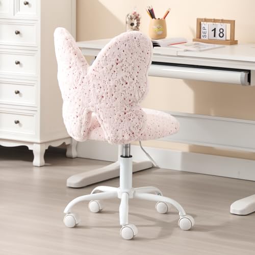 Image of Kmax Kids Desk Chair, Faux Fur Butterfly Chair with Wheels Adjustable Fuzzy Kids Office Chair Cute Swivel Childrens Chair for Bedroom Reading Room - Pink