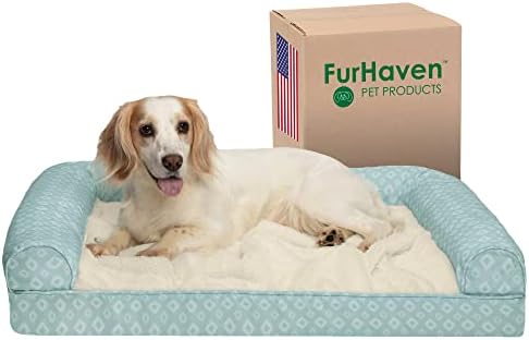 Furhaven Cozy Memory Foam Dog Bed for Large/Medium Dogs w/ Removable Bolsters & Washable Cover, For Dogs Up to 55 lbs - Plush & Diamond Print Nest Top Sofa - Aqua, Large
