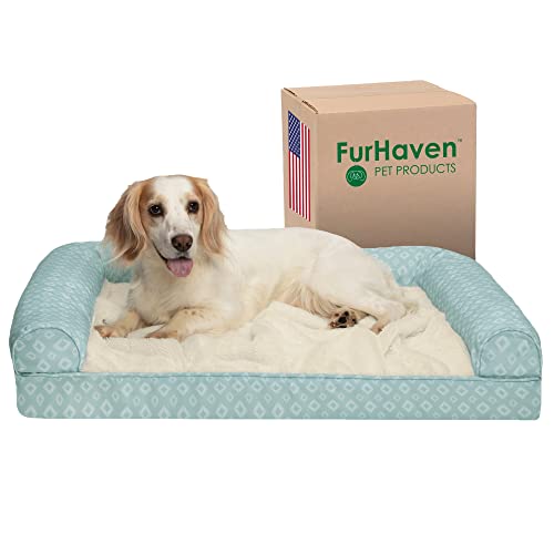 Furhaven Cozy Memory Foam Dog Bed For Large/Medium Dogs W/ Removable Bolsters & Washable Cover, For Dogs Up To 55 Lbs - Plush & Diamond Print Nest Top Sofa - Aqua, Large #TOP4