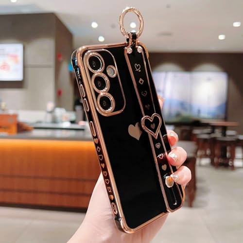 DEFBSC Case for Samsung Galaxy A55 5G with Wrist Strap, Cute Side Love Heart Plating Edge Phone Case with Heart Pattern Wristband Finger Holder Stand Soft TPU Back Cover Shockproof Case - Black