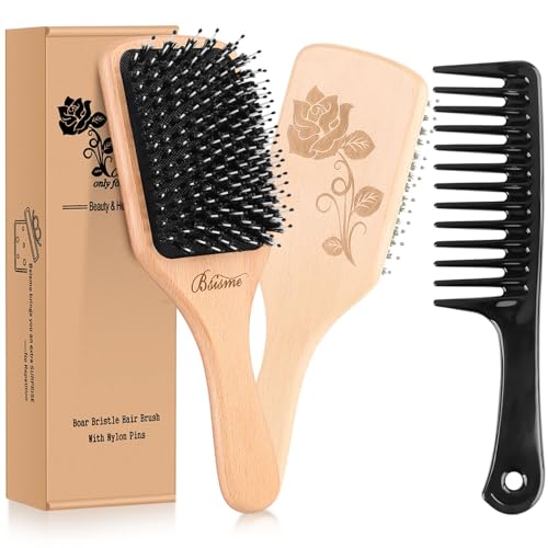 Bsisme Hair Brush-Boar Bristle Hairbrush with Detangling Pins Wooden Paddle Detangler Hairbrush for Women Men Reduce Frizz Dry Restore Natural Shine