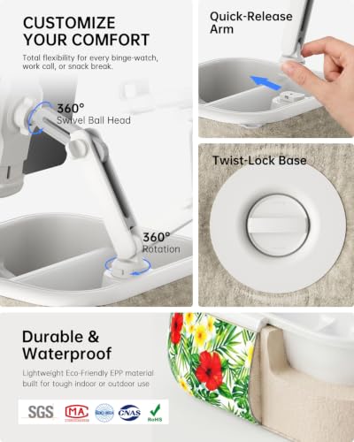 SnackN'Stream Kindle Stand Holder, Tablet Phone Holder, Bathtub Caddy with Detachable Snack Bowl and 2 Fabric Covers, 360° Mount, Compatible with iPad iPhone Kindle 4.7-13" Devices (White) - image 5