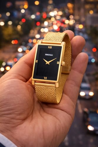 Image of Men's Rose Gold Rectangular Analog Watch | Black Textured Dial | Stainless Steel Mesh Bracelet | Premium Quartz Watch for Men