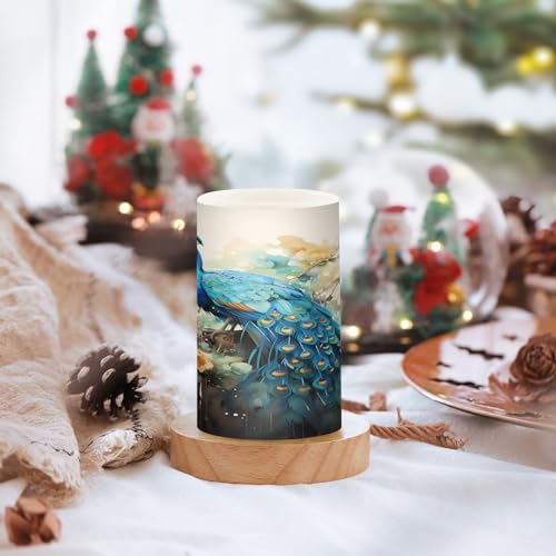 Image of ALAZA Blue Peacock Yellow Flowers Flickering Flameless Candles Battery Operated with Remote Timer,Tea Light Candles LED Pillar Votive Candles Set of 2 for Outdoor Indoor Decorations