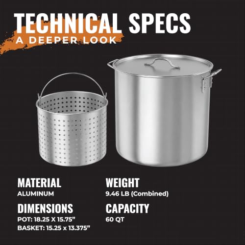 Image of GasOne 60Qt Aluminum Stock Pot with Strainer and - Lid Large Deep Fryer Pot | with Basket for Boiling, Frying Turkey, Seafood, Crawfish - Food-Grade Aluminum Large Cooking Pot with Sturdy Handles