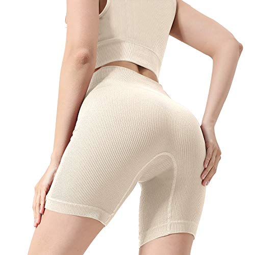 Seamless Workout Sets For Women 2 Piece Ribbed Yoga Gym Outfits High Waisted Biker Shorts With Sport Bra Tracksuit Set（Beige，Small） #TOP1