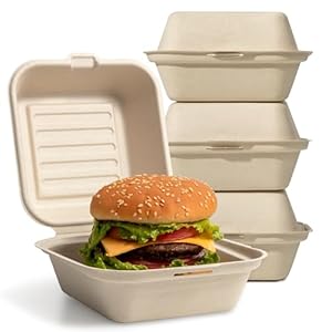 Fit Meal Prep [75 Pack] 6x6x3” Compostable Burger Boxes to Go, Disposable Food Containers Kraft Eco Friendly Clamshell Take Out Boxes, Heavy Duty, 100% Biodegradable Sugarcane Box, Microwave Safe