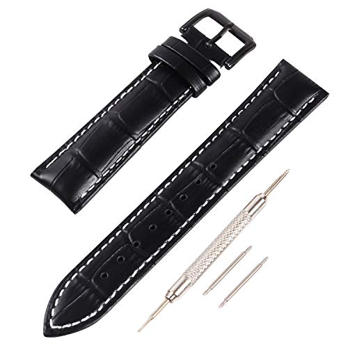 Airself 時計ベルト 本革 時計バンド クロコ型押し(交換説明書 交換工具 バネ棒付) (22mm, ブラック(白ステッチ)ブラックバックル)