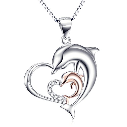 Dolphins Jewelry 925 Sterling Silver Two-Tone Eternal Love Double Heart Dolphin Pendant Necklace for Women (Rose Gold Dolphin Necklace 18'')