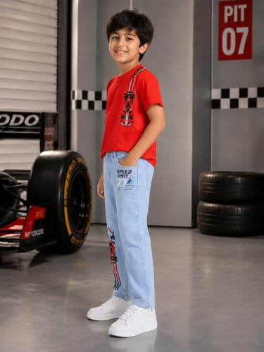 Image of KiddoPanti Boys Printed Co-Ords Set | 100% Cotton & Cottnon Spandex Woven | Drop Shoulder Tshirt with Jeans | Graphic Printed Design| Outerwear For Kids