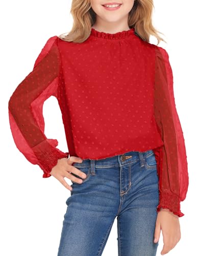 Image of Arshiner Girls Long Sleeve Shirts Chiffon Blouses Swiss Dot Frill Neck Top