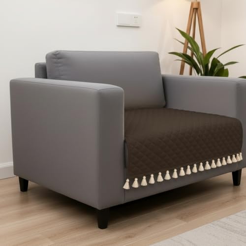 Image of HOMEMONDE 1 Seater Quilted Velvet Sofa Cover with Tassels |Soft, Durable & Premium Fabric with Tassels | Sofa Cover Mats for Living Room, Bedroom & Drawing Room (76 X 61 CM, Brown)