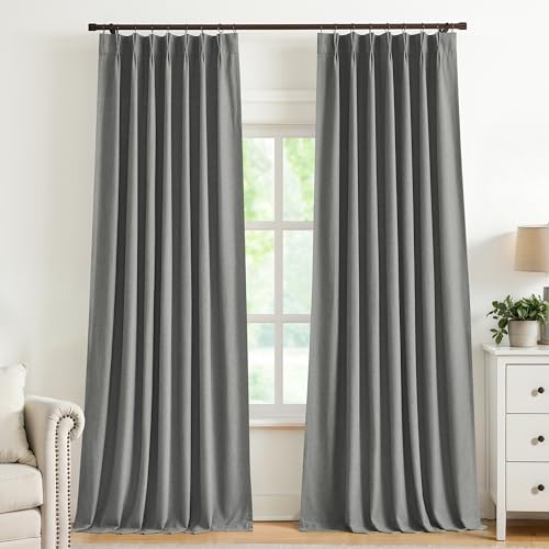 Image of Vision Home Pinch Pleated Dark Grey Blackout Curtains 102 inch Linen Blended Room Darkening Drapes with Thermal Insulation & Back Tab Hooks for Bedroom Living Room, 40 inch Wx102 L 2 Panels