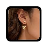 Allereyae Pendientes de corazón vintage con forma de corazón dorado, aretes de corazón inflado, aretes de gota de corazón pequeño, aretes de corazón de doble cara, joyería para mujer