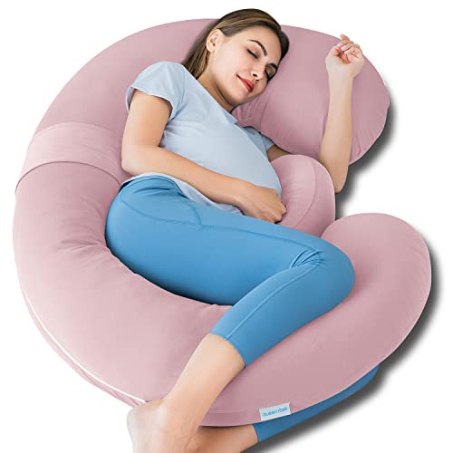QUEEN ROSE Cooling Pregnancy Pillow - E Shaped Body Pillow for Sleeping Maternity Body Pillow with Detachable Wedge Pillow for Side Sleeping, Cooling Silky Cotton Cover,Pink