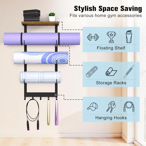 BSTSLL Yoga Mat Holder Wall Mount, Yoga Mats Storage Rack, Home Gym Wall Organizer Holder with Wood Floating Shelf and 5 Hooks, Storage Rack for Hanging Foam Roller/Band/Workout Equipment, Black - Thumbnail 2