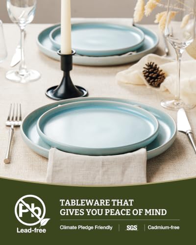 Image of Famiware Milkyway Plates and Bowls Sets, 12 Pieces Dinnerware Sets, Reactive Glaze Dish Set, Stoneware Dishes Set for 4, Light Blue