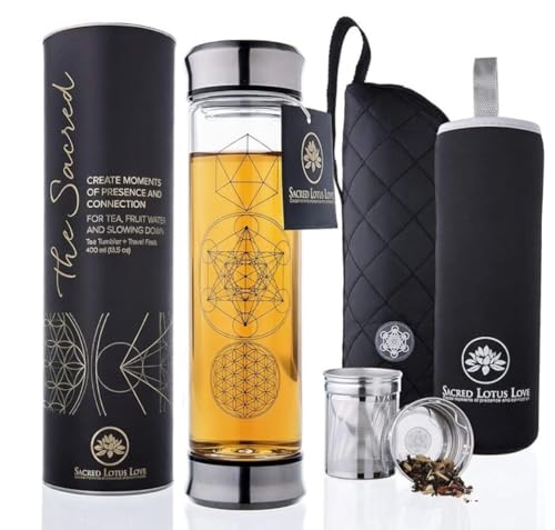 Sacred Lotus Love Double-Walled Glass Tea Infuser Bottle 14oz Portable Travel Mug with Strainer and Sleeve for Loose Leaf Tea, Coffee, Smoothies - Insulated Tumbler with Lid for Hot and Iced Beverages