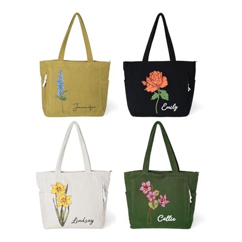 CALLIE Personalized Birth Flower Corduroy Tote Bag for Women Custom Large Shoulder Handbags with Zipper Name Travel College Work Accessory Mothers Day Graduation Nurse Birthday Gifts for Women