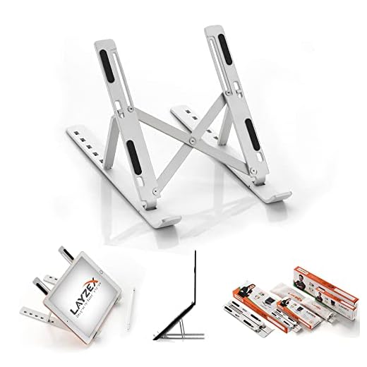 Made in India Layzex Aluminium Portable and Adjustable Laptop Stand | Tablet Stand | Compatible for Dell HP MacBook for Professionals Students (Silver)