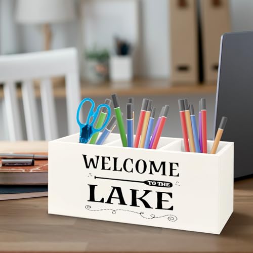 Image of Welcome to the Lake Lake Wooden Pen Pencil Holder for Home Office Desk Accessories, Gifts for Lakes Lovers Makeup Brush Toothbrush Holder Organizer for Bathroom
