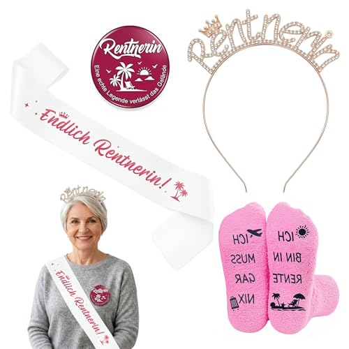 4 Stück Ruhestand Geschenk Frau Set Krone Schärpe Socken in Roségold Rentnerin Geschenk Abschiedsgeschenk Kollegin Ruhestand Feier Perfekt für Frauen zum Renteneintritt (Rosegold)