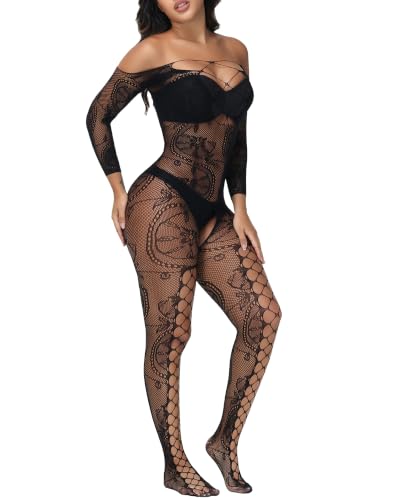 Leypafy Floral Femmes Sexy Bodystockings Imprime Ouverte RéSille Bodysuit Fishnet Lingerie de Nuit Pour Les Clubs(SYLT-Black)