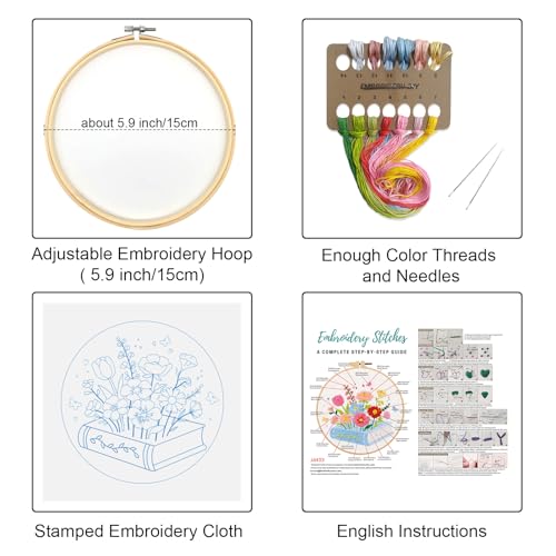 Image of Louise Maelys Floral & Book Embroidery Kit for Beginners DIY Craft Kit | Complete Needlepoint Kit with Embroidery Hoop, Printed Fabric, Color Threads, Needles and Instruction for Easy Hand Stitching