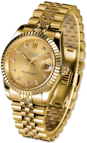 Mens Full Gold Watch Automatic Mechanical Gilded Steel Self-Wind Sapphire Glass Dress Waterproof Watch