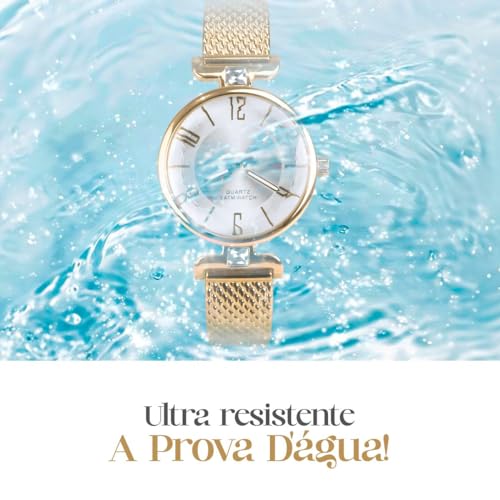 relogio feminino dourado banhado aço inox silicone + caixa pulseira ajustavel presente