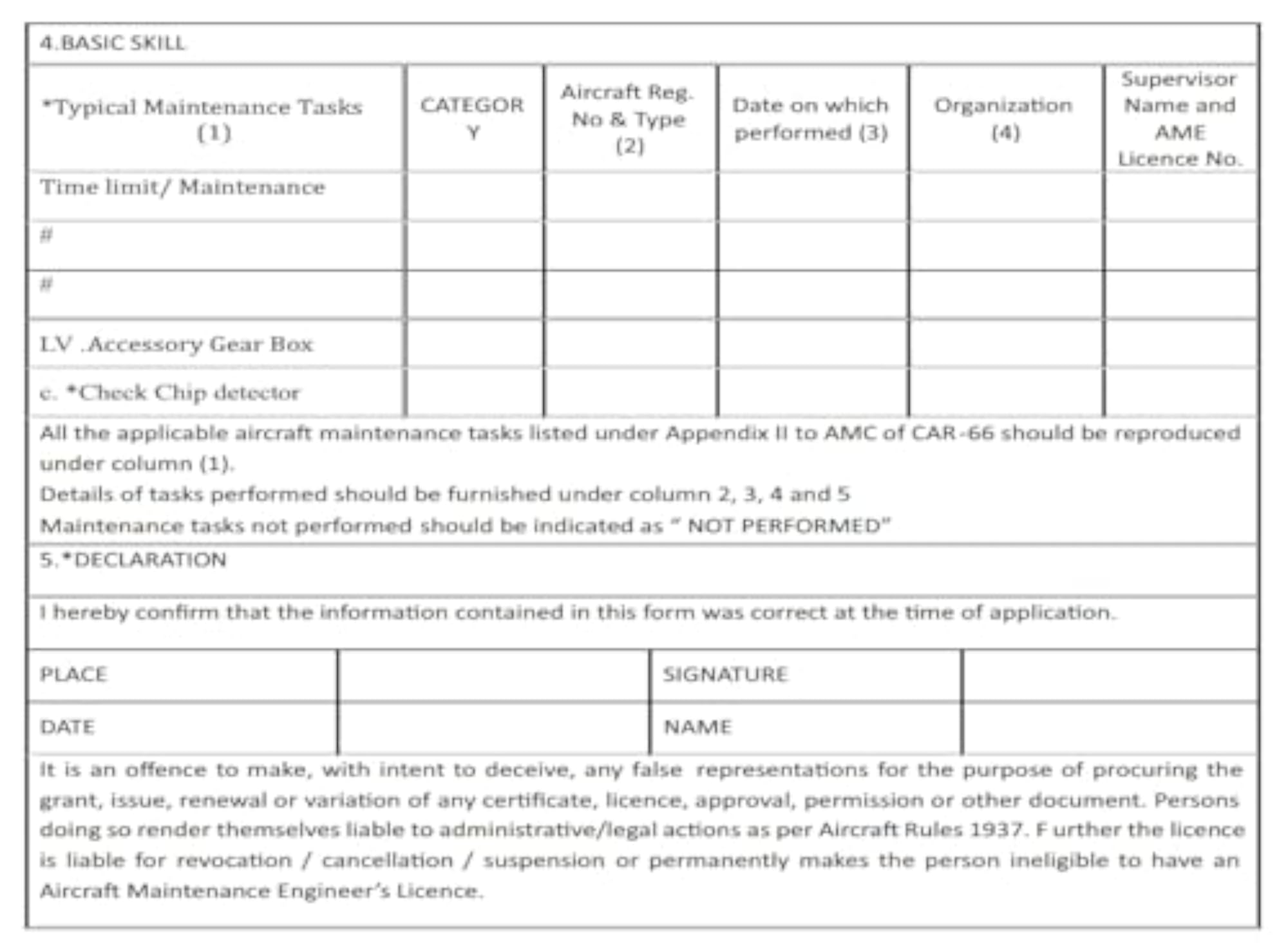 AME Logbook DGCA Format CAR 66 with Location and Task Details