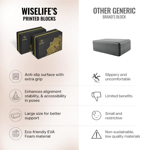 Image of WiseLife Printed Yoga Blocks | Yoga Brick (Pack of 2, Extra Large Size), High-Density EVA Foam Soft Surface for Balance, Support & Performance, Strength Training Exercise (Black)