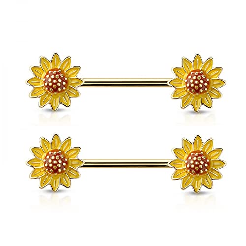Pierced Owl 14GA Golden Sunflower Ends 316L Surgical Stainless Steel Barbells Nipple Rings, Sold as a Pair