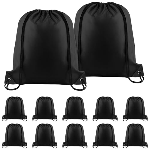 NACHLYNN Black Drawstring Backpack Bulk 12 Pieces DIY Drawstring Bags Sports Bag Nylon Draw String Sport Bag Tote Sackpack for Boys Girls Women Men Gym Sport Trip - Main Image