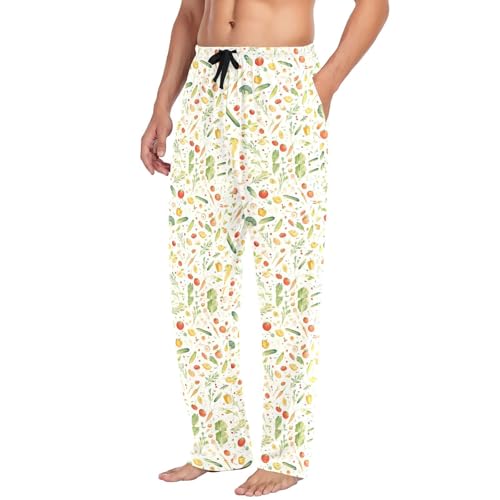 Men's Watercolor Vegetables Pajama Pants with Pockets - Straight Fit Cotton Sleep Bottoms for Lounge & Nightwear#3374