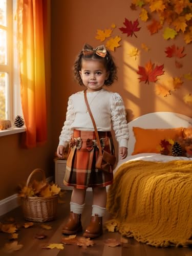 Toddler Baby Girl Plaid Dress Puff Sleeve Bow Patchwork Ribbed Shirts Dress Plaid Fall Winter Outfits with Headband2