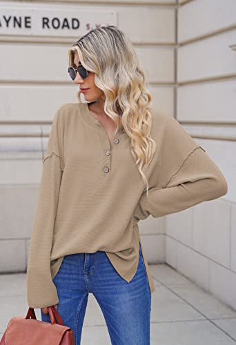 Pink Queen Women's V Neck Batwing Sleeve Slit Button Loose Henley Pullover Sweaters Knit Jumper Tops Khaki Xl #TOP6