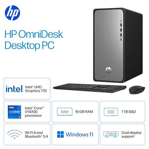 Image of HP OmniDesk Desktop PC, Intel Core i7-14700, 16 GB RAM, 1 TB SSD, Intel UHD Graphics 770, Windows 11 Home, Microsoft Copilot, Meteor Silver, M02-0110 (2025)
