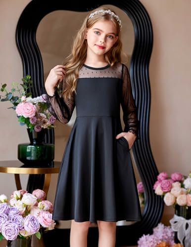 Flypigs Girl's Dress Sheer Mesh Puff Long Sleeve High Waist Party Dresses  with Pockets for 6-13 Years, Black, 5-6 Years : Amazon.sg: Fashion