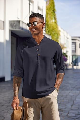 COOFANDY Men's Casual Henley Shirts Long Sleeve Band Collar Lightweight Beach Shirts Summer T-Shirts3